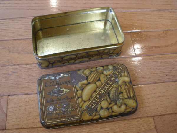 1930s E.F. KEMP SALTED MIXED NUTS TIN - Golden Glow Shops, Boston, MA - Image 2