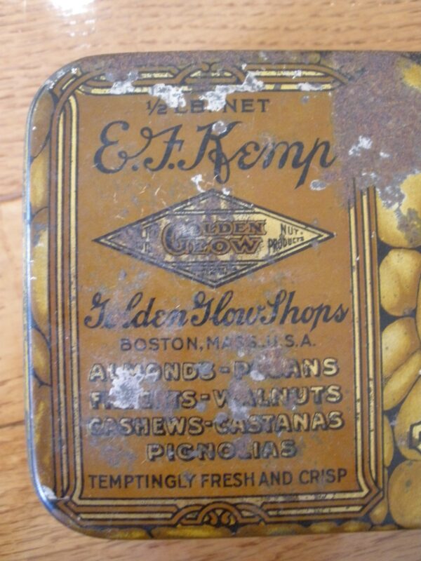 1930s E.F. KEMP SALTED MIXED NUTS TIN - Golden Glow Shops, Boston, MA - Image 3