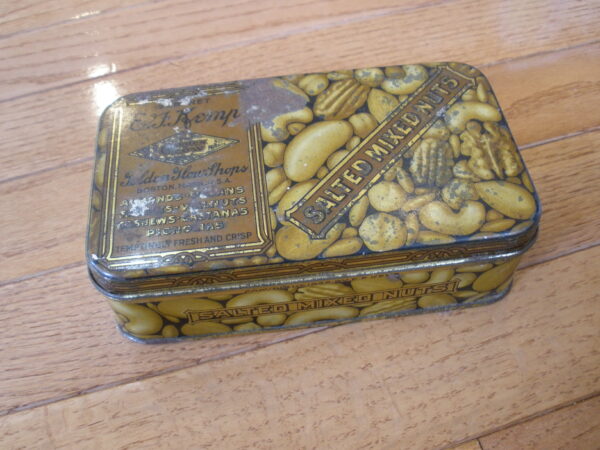 1930s E.F. KEMP SALTED MIXED NUTS TIN - Golden Glow Shops, Boston, MA