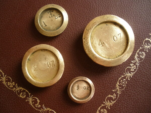 Vintage NESTED STACK of FOUR BRASS PANCAKE SCALE WEIGHTS