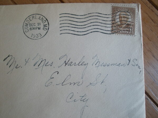 ORIGINAL 1933 CHRISTMAS CARD ENVELOPE with a 1 1/2 CENT HARDING STAMP - Image 2