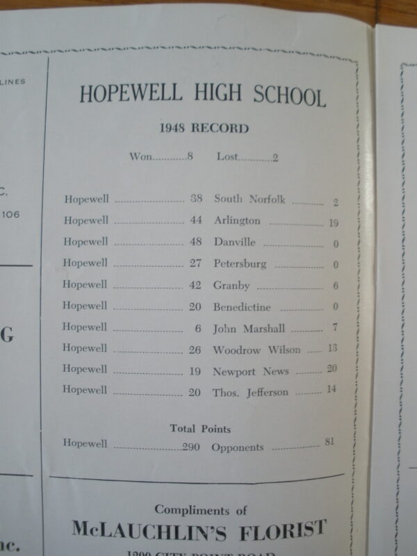 ORIGINAL 1949 HOPEWELL HIGH SCHOOL vs GRAINGER HS FOOTBALL PROGRAM - Image 3