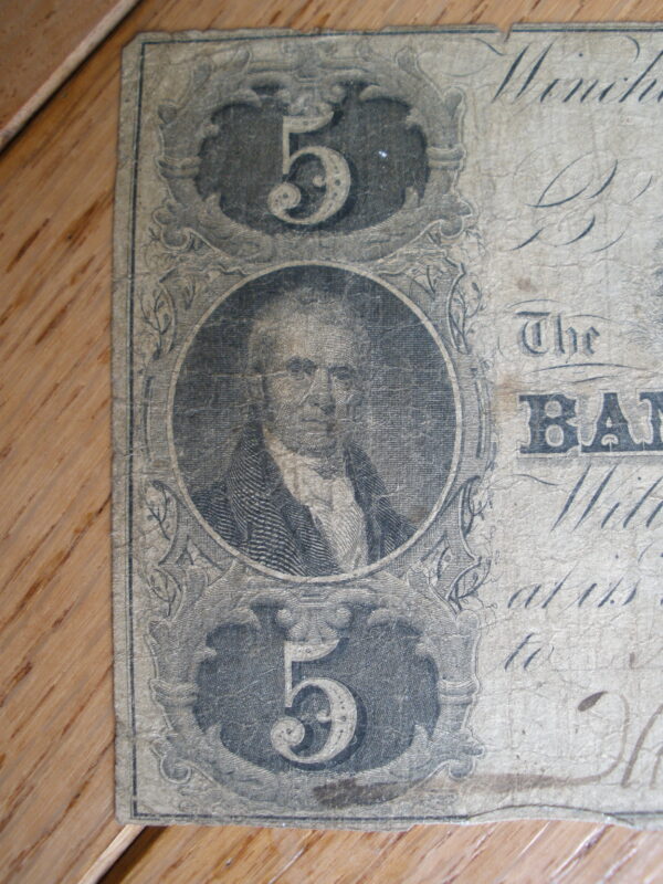 1851 $5 BANK NOTE from the BANK OF THE VALLEY, Winchester, Virginia - Image 2