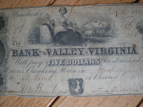 1851 $5 BANK NOTE from the BANK OF THE VALLEY, Winchester, Virginia - Image 3