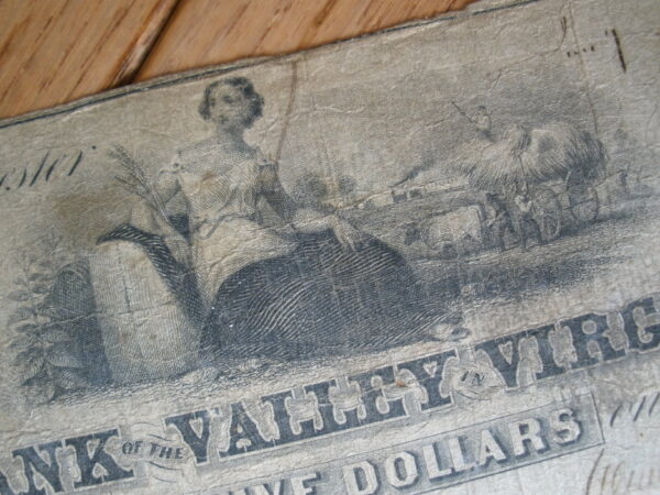 1851 $5 BANK NOTE from the BANK OF THE VALLEY, Winchester, Virginia - Image 4
