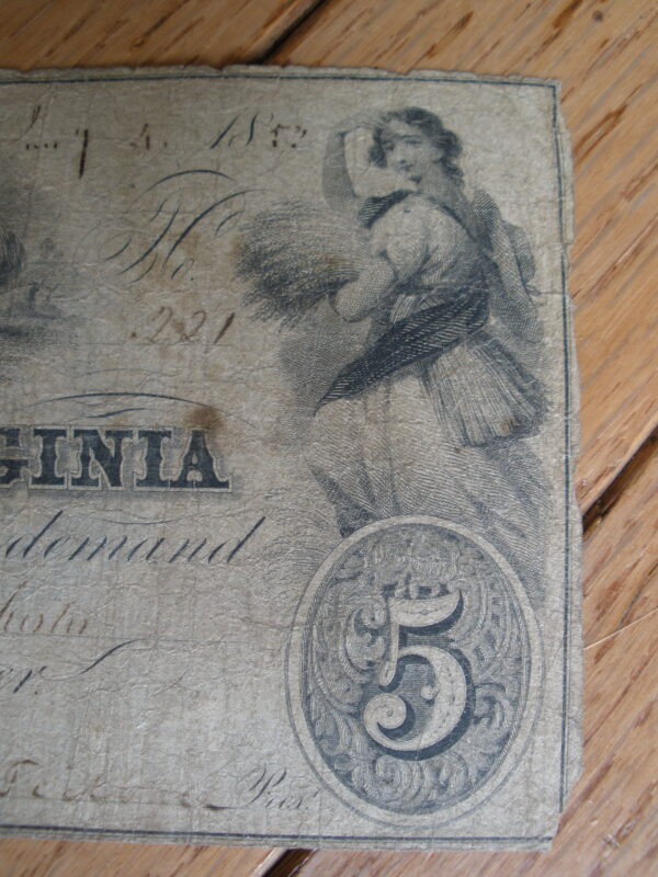 1851 $5 BANK NOTE from the BANK OF THE VALLEY, Winchester, Virginia - Image 5