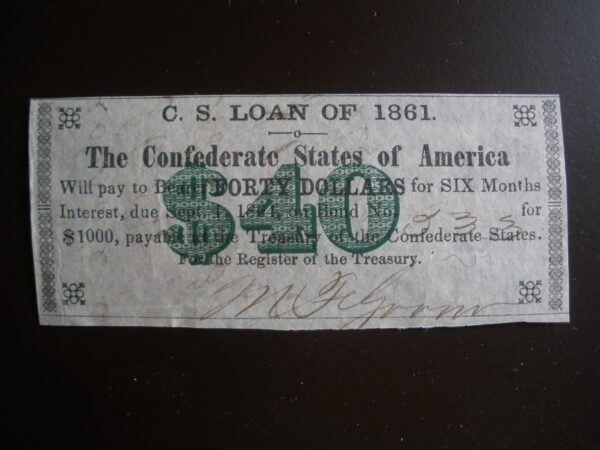 Rare 1861 CONFEDERATE STATES $1,000 PROMISSARY NOTE - $40 Bond Coupon - Image 2