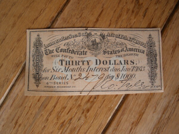 Rare 1864 CONFEDERATE STATES OF AMERICA $1,000 PROMISSARY NOTE - $30 Bond Coupon - 6th Series