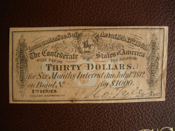 Rare 1864 CONFEDERATE STATES OF AMERICA $1,000 PROMISSARY NOTE - Bond Coupon - Richmond, VA