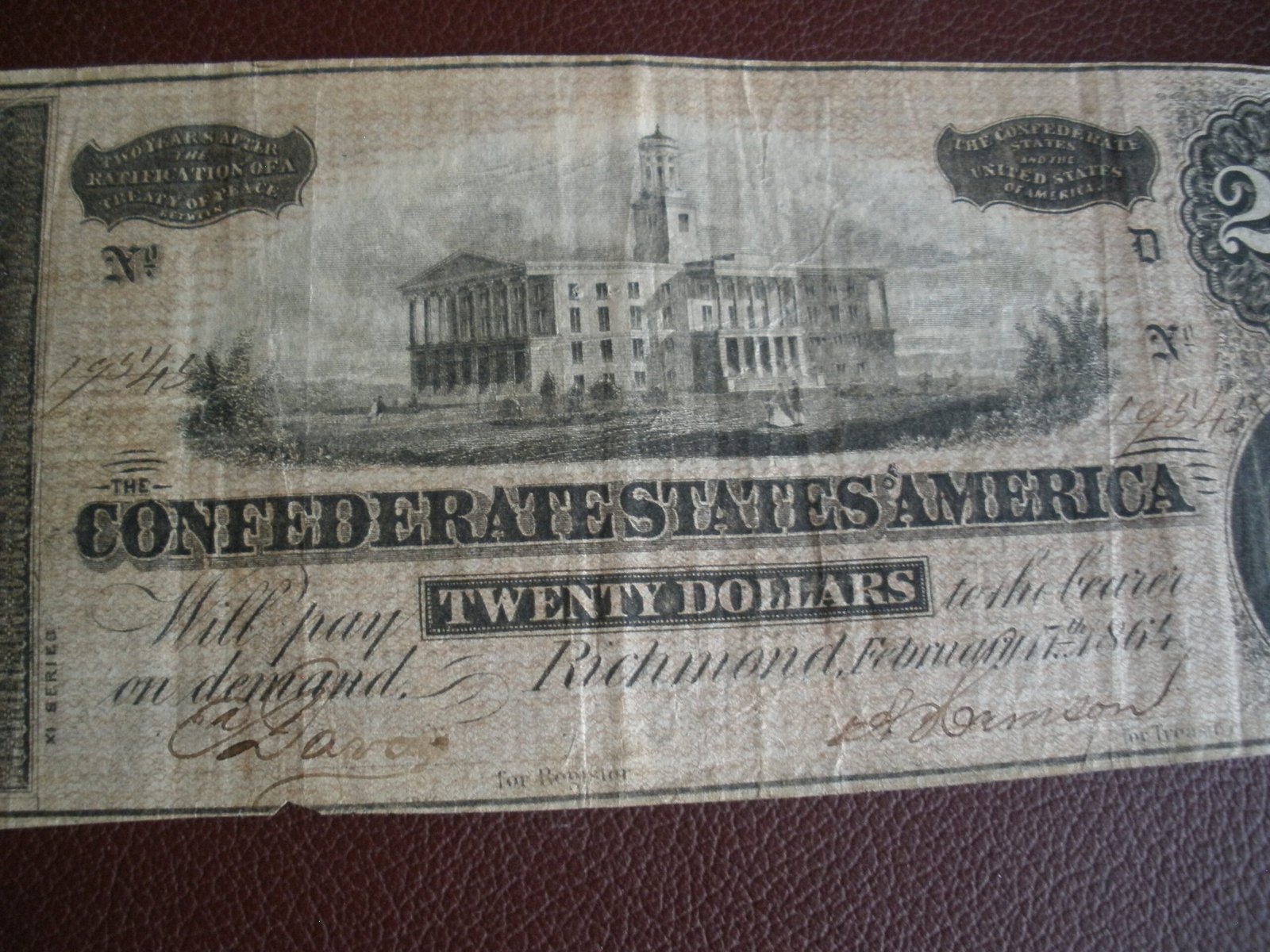 1864 CONFEDERATE STATES OF AMERICA $20 CURRENCY NOTE - Image 2