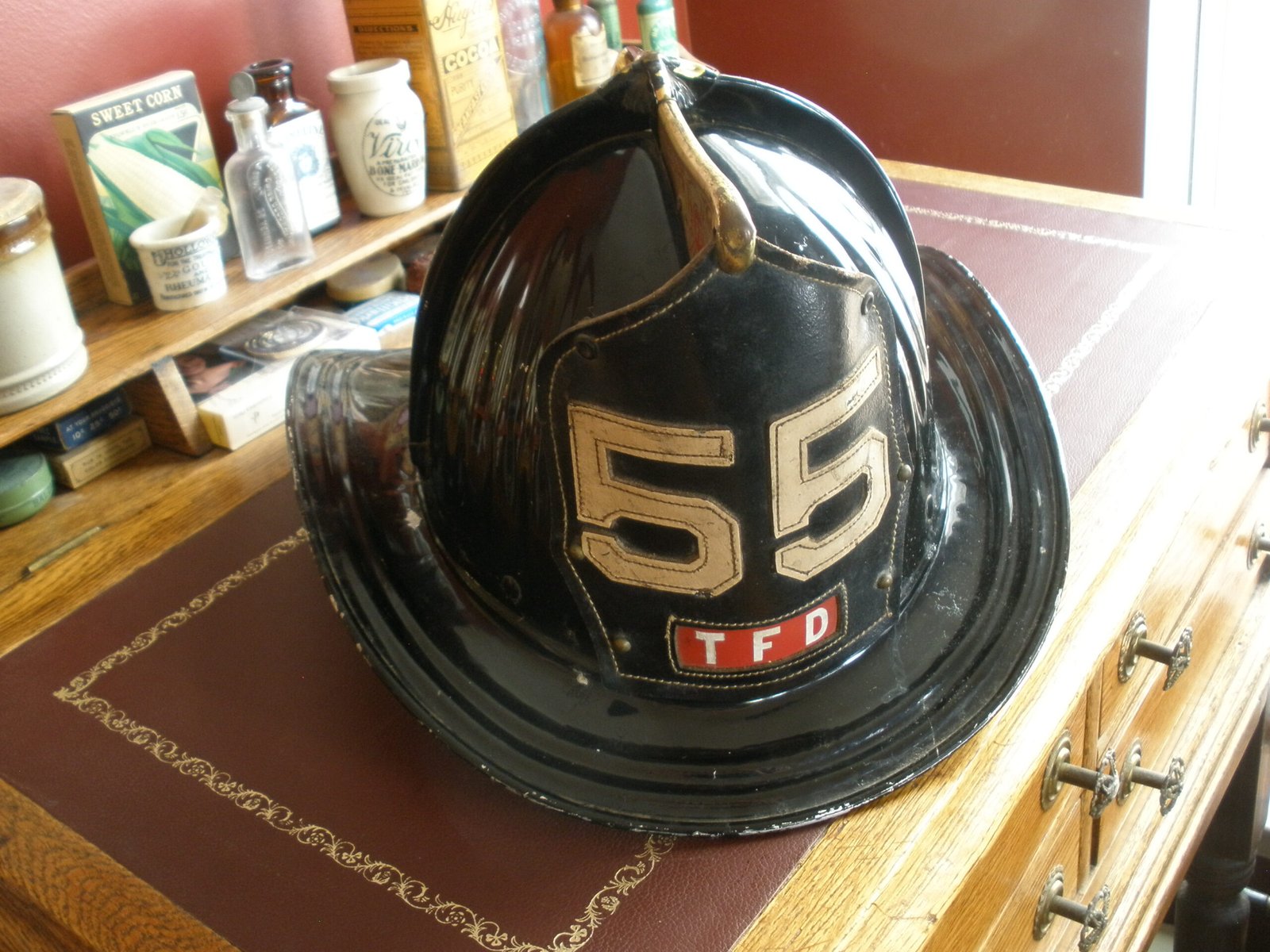 1950s CAIRNS & BROTHER Model 350 FIREFIGHTER HELMET & LEATHER SHIELD